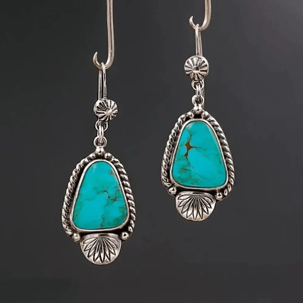 SILVER TURQUOISE WESTERN BOHO TRIBAL DANGLE EARRINGS